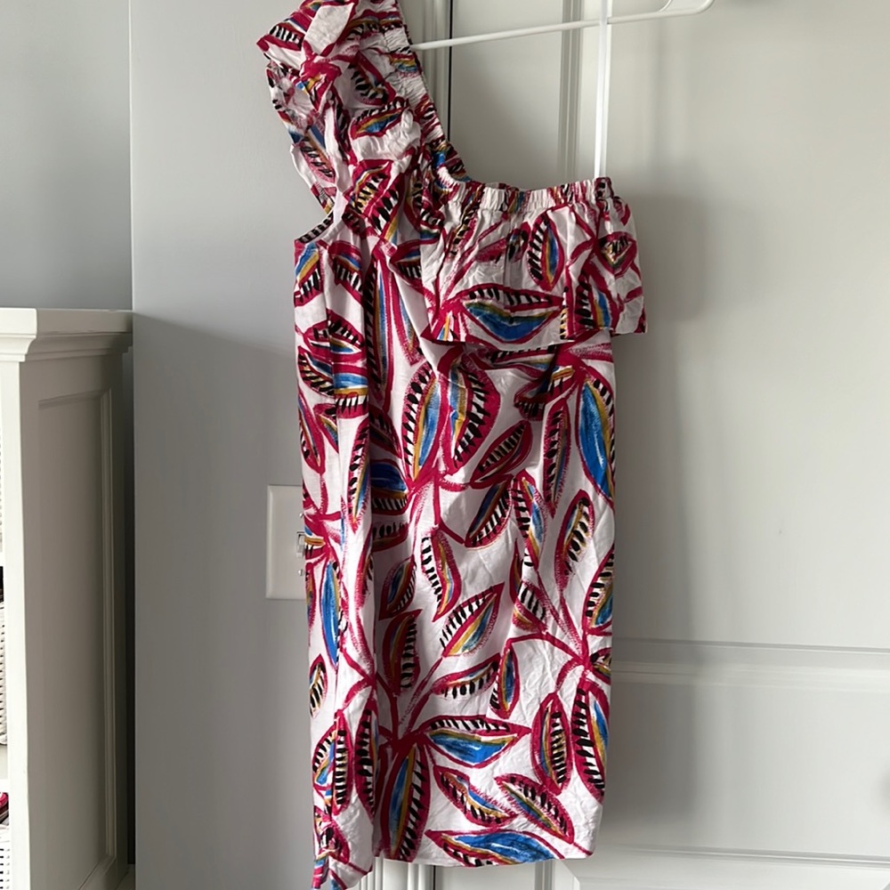 J. Crew ruffled one-shoulder patterned dress